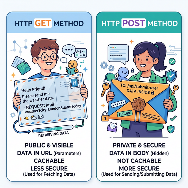 Схема работы HTTP методов GET и POST на примере открытки и конверта